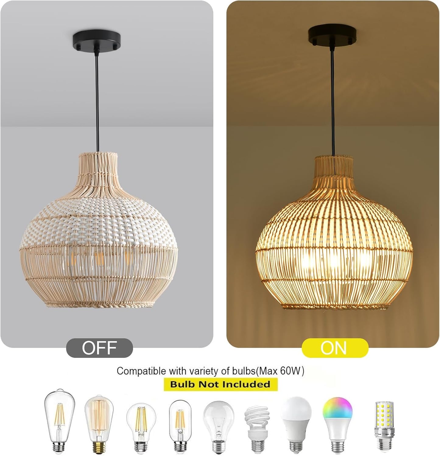 15" Rattan Pendant Light Fixture,3-Light Hand-Woven White Wicker Basket Chandelier Boho Faux Rattan Hanging Lamp,for Dining Living Bedroom Kitchen 1-Pack