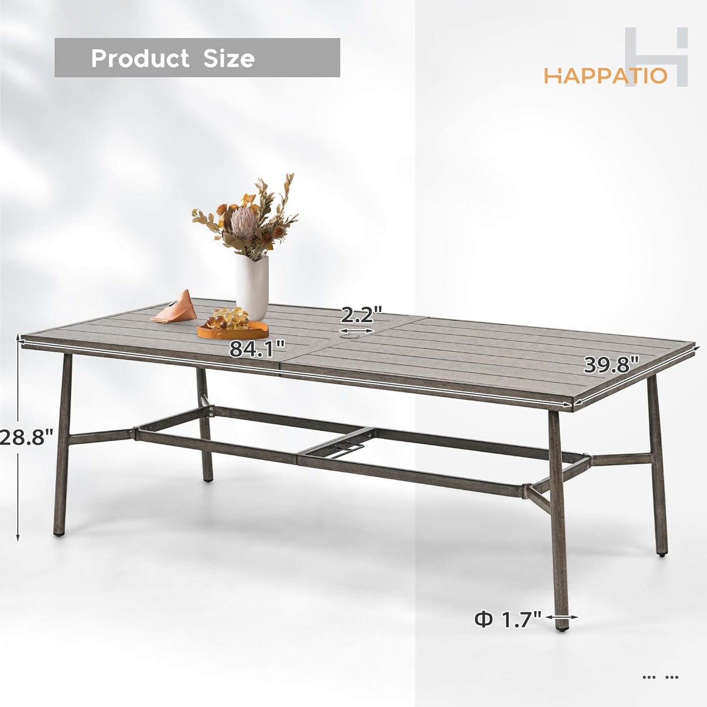 HAPPATIO Patio Table for 8, Large Modern Rectangle Outdoor Dining Table with Umbrella Hole and Adjustable Feet, All Weather Aluminum Patio Table for Garden, Backyard and Poolside, Grey