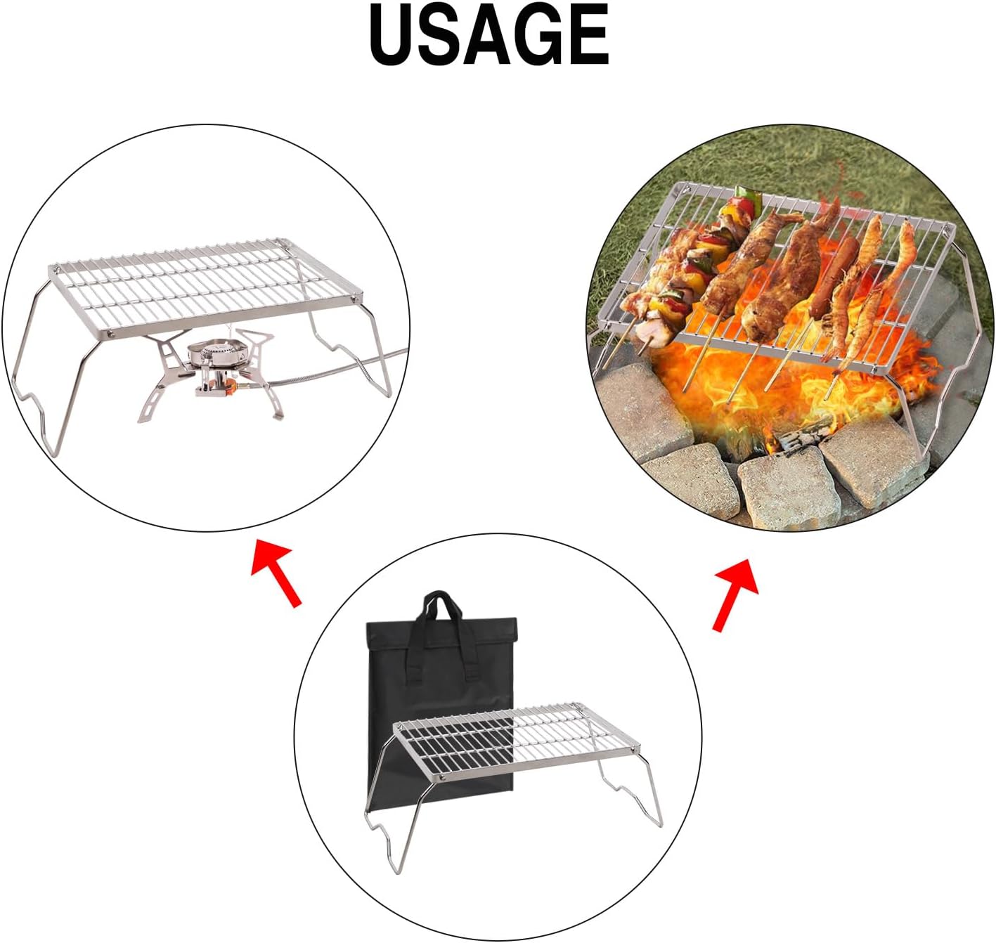 REDCAMP 17" Large Folding Campfire Grill 304 Stainless Steel Grate, Heavy Duty Portable Camping Grill with Carrying Bag for Outdoor Cooking Backpacking Hiking Picnics BBQ