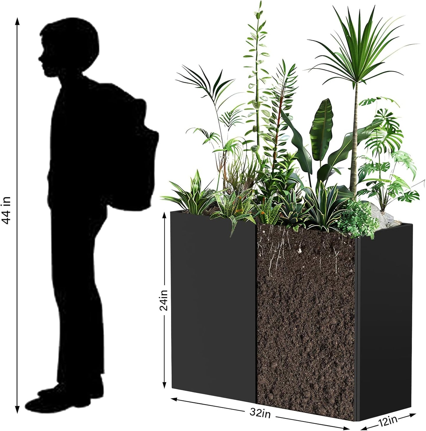 Heavy-Duty Galvanized Steel Planter with Removable Insert Shelf & 4 Drainage Holes - 32x12x24 Inches Large Size Planters for Outdoor/Indoor Patio, Black