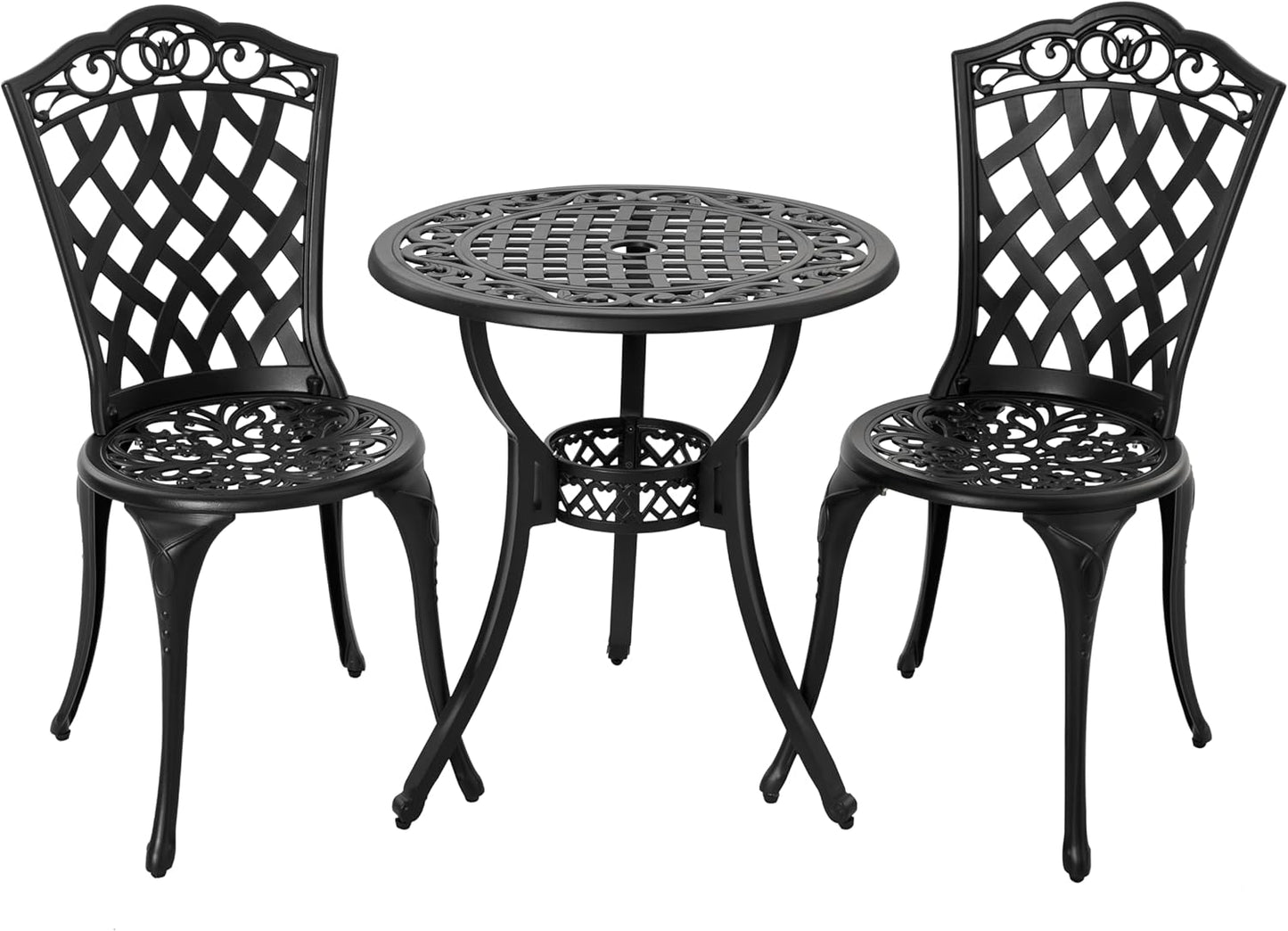 NUU GARDEN 3 Piece Outdoor Bistro Table Set, All Weather Cast Aluminum Patio Bistro Sets Patio Table and Chairs Set of 2 with Umbrella Hole for Yard, Garden, Balcony, Black