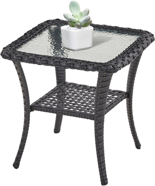 Handwoven Wicker Side Table - 20 Inch Small Outdoor Table 2 Tier Storage with Tempered Glass Top, All Weather Outdoor Patio End Tables for Deck Balcony Outside Black
