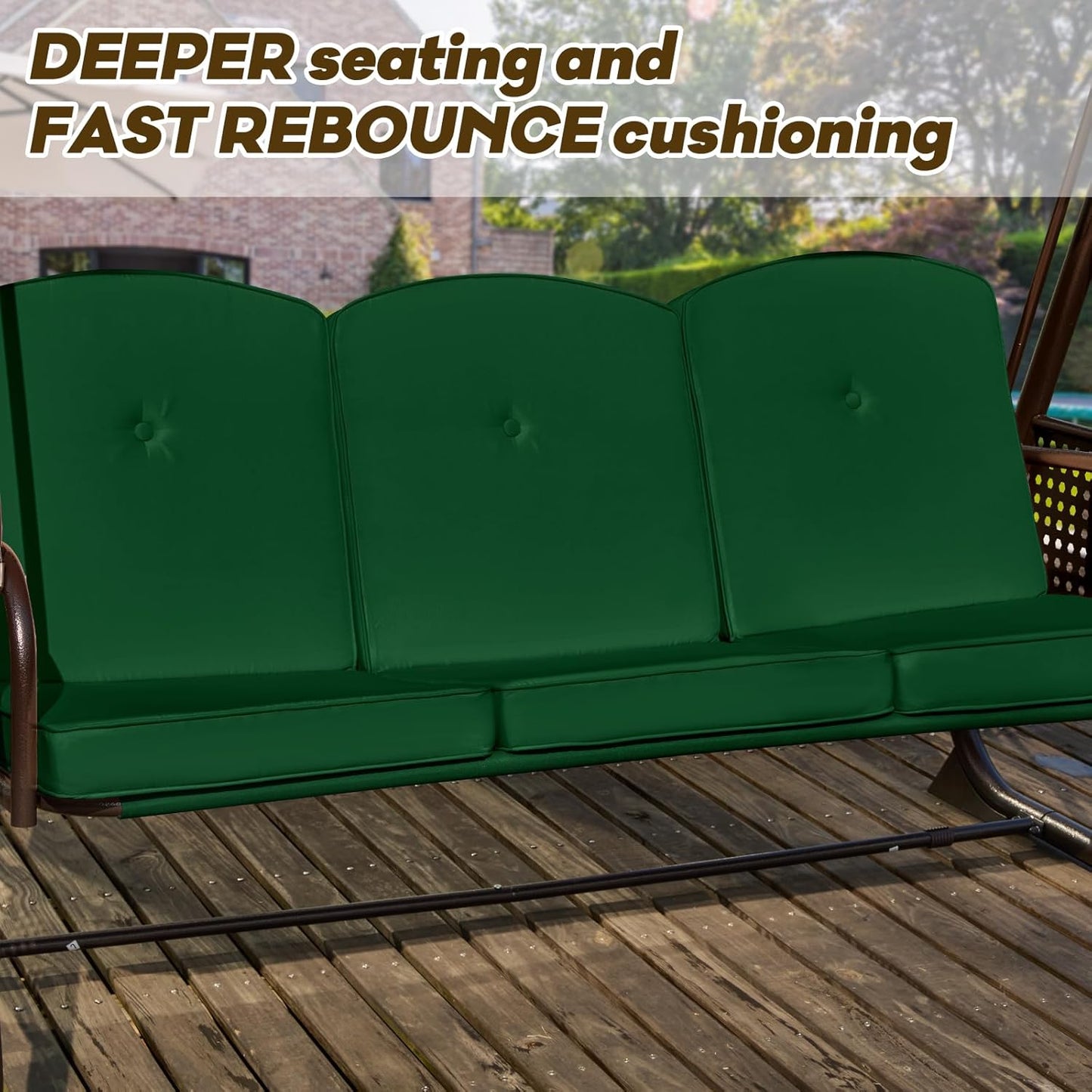 3 in 1 Outdoor Porch Swing with Adjustable Canopy, 3 Seat Outdoor Swing for Adults, Patio Swing Chair with Thickened Cushions,Pillows & Cup Holders for Backyard, Porch, Garden (Green)