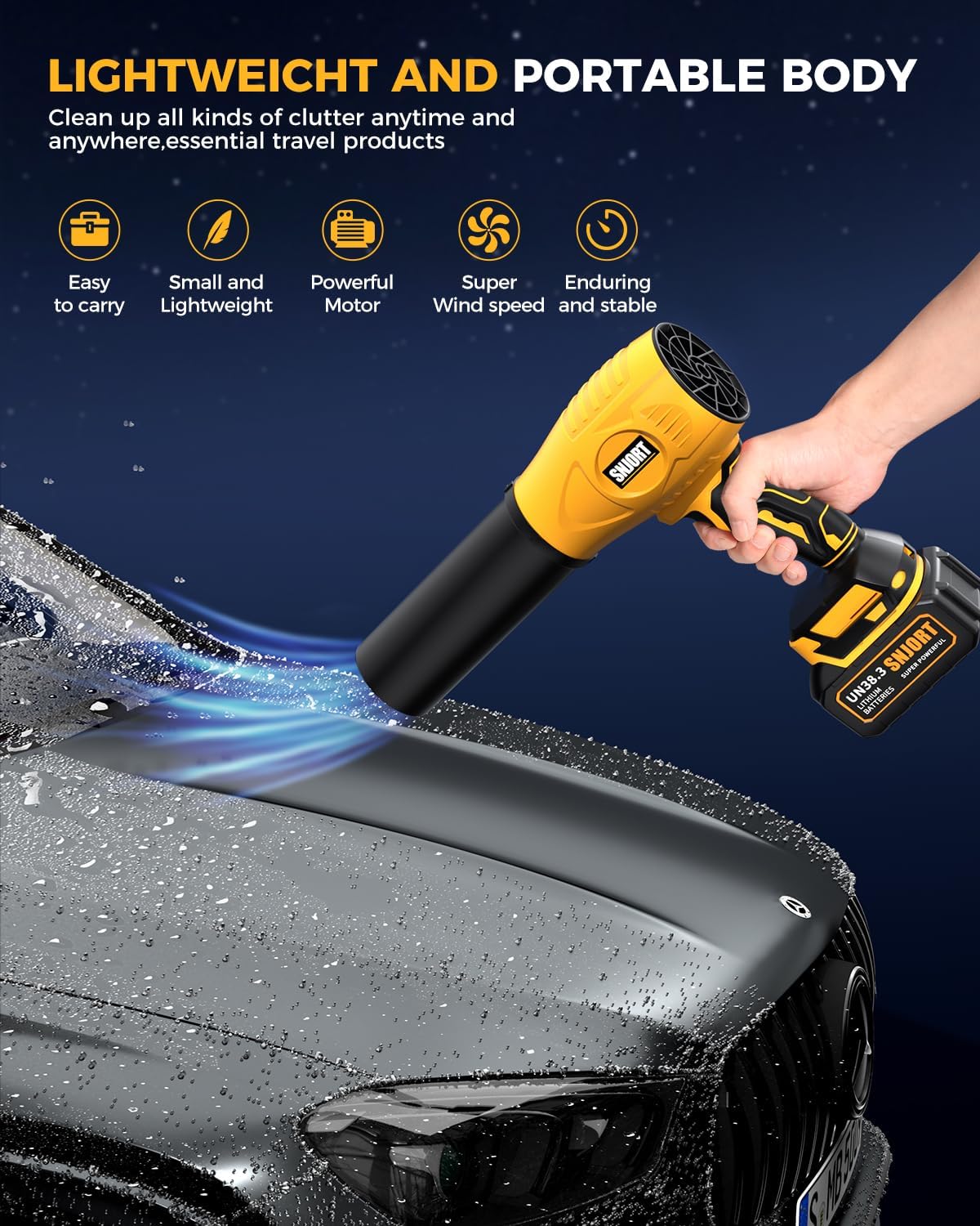 Leaf Blower Cordless with Battery and Charger, 800,000 RPM, Lightweight Handheld Design,Blower for Patio Cleaning,car Blowing Water, Lawn Care, Blowing Leaves and Dust (Bright Yellow)