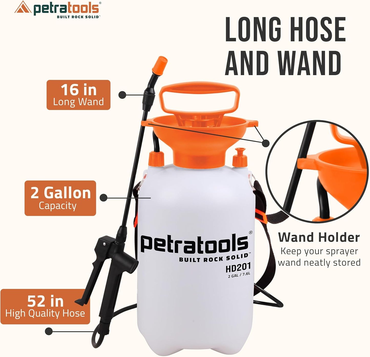 Petratools 2 Gallon Pump Sprayer - HD201 Garden Sprayer for Weeds, Lawn Care & Pesticides - 52" Long Hose, 2 Nozzles & Easy Carry Handle - Durable & Lightweight