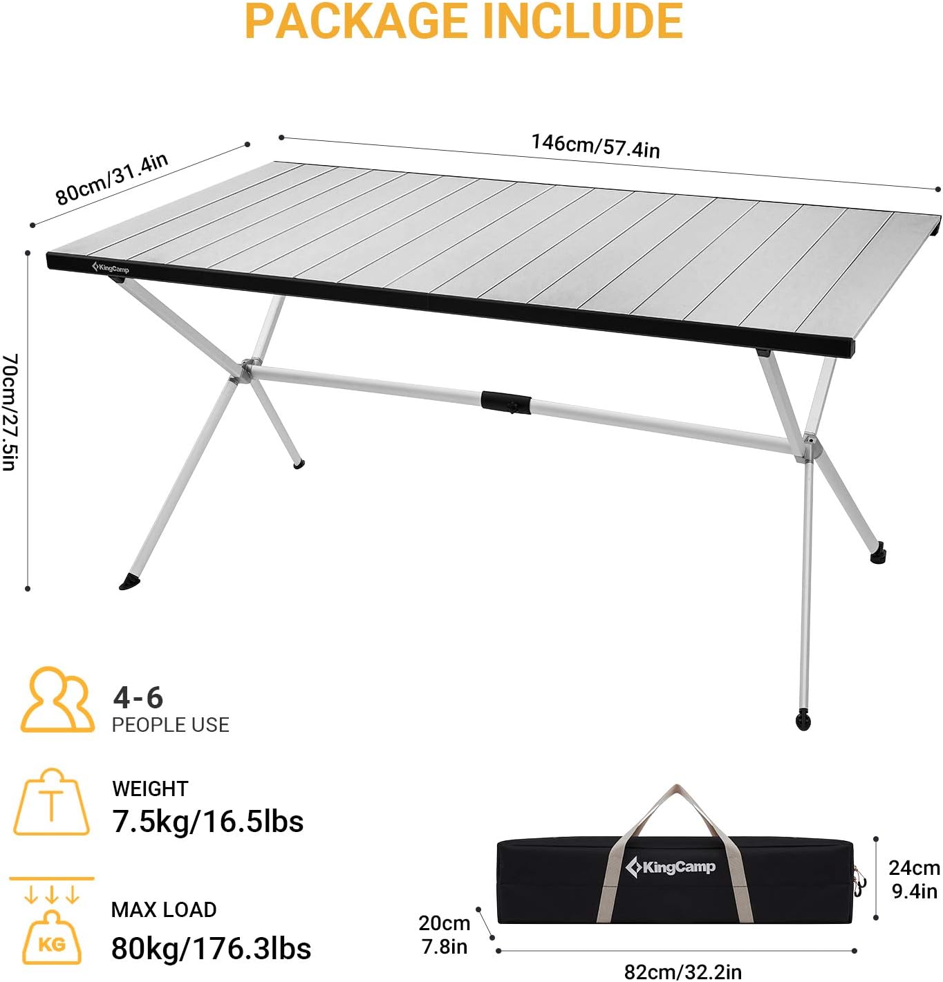 KingCamp Folding Camping Table Aluminum Roll Up Table Oversized Large Camp Table Stable Portable Outdoor Folding Table for Picnic Camping Barbecue Backyard Party,57.4''×31.4''4-6 Person,Support 176lbs