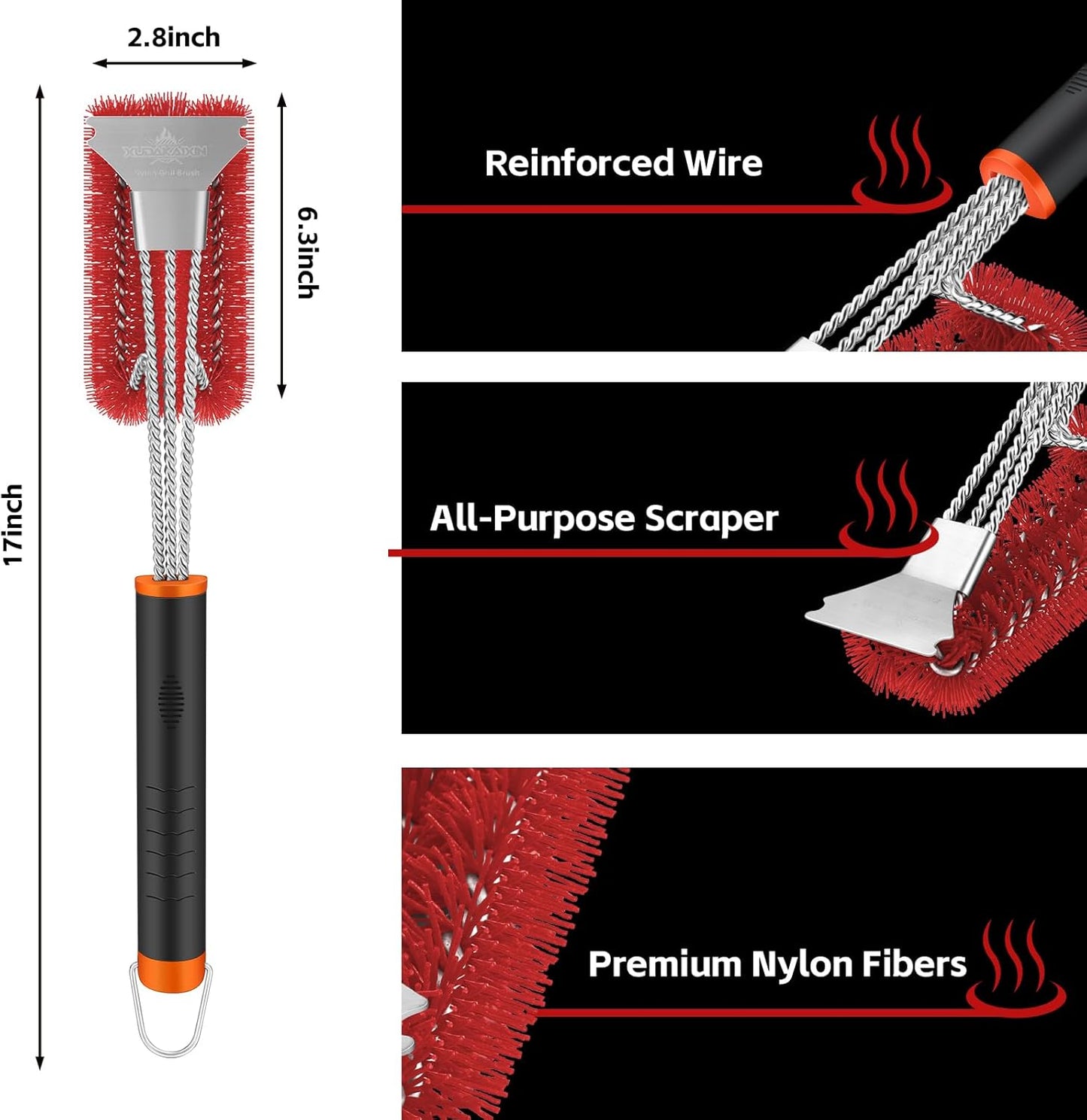 Grill Brush and Scraper, Safe Nylon Bristles Barbecue Triple Scrubbers Cleaning Brush for Cast Iron Grates/Porcelain/Weber Gas/Charcoal Grill，Extra Strong BBQ Cleaner Accessories (Red)