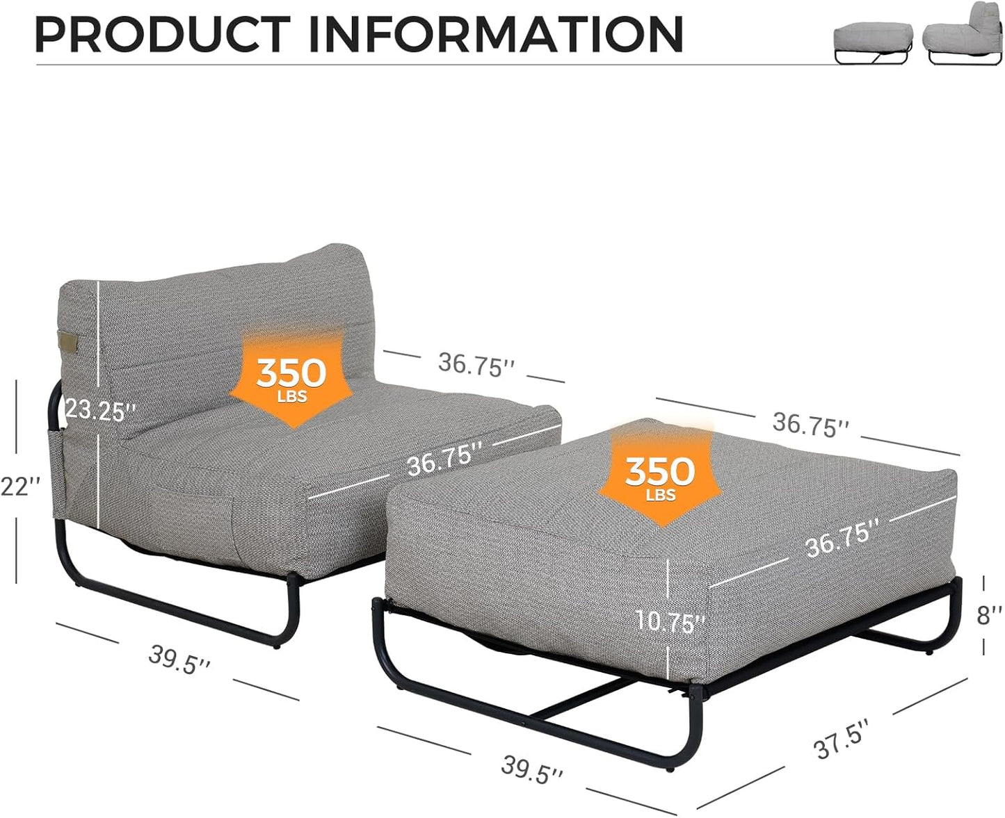 Grand patio 3FT Bean Bag Chair with Ottoman, Oversized Cloud Memory Foam Furniture Beanbag with E-Coated Steel Frame Olefin Removable Cover for Outdoor & Indoor (40"/Grey)