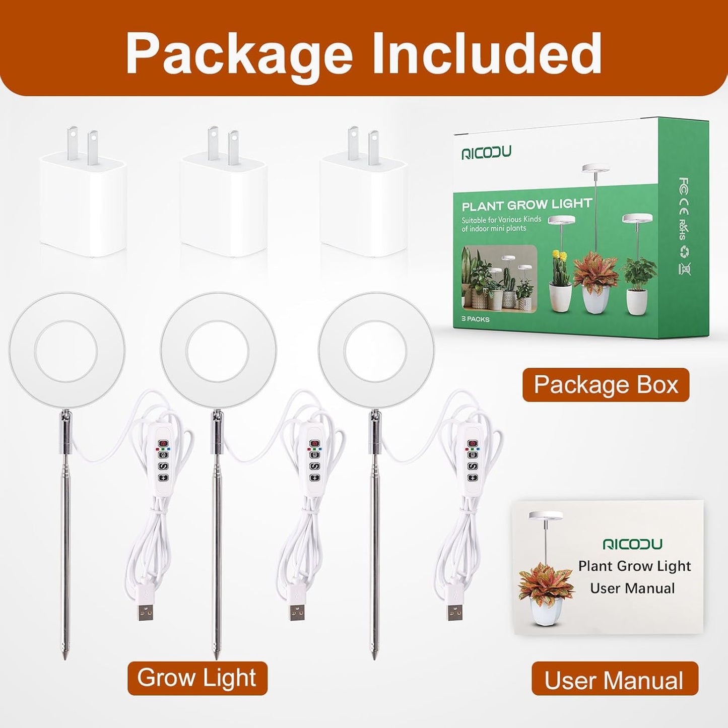 Grow Lights for Indoor Plants Small Potted - Full Spectrum, Auto 3/9/12H Timer, 10-Level Dimming & Adjustable Height - Compact Grow Light for Succulents, Herbs, Foliage in Home/Office (White,3PACKS)