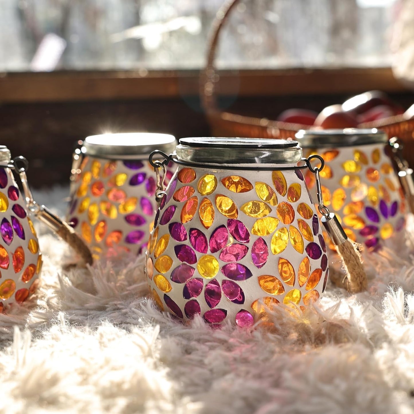 Cooo 4 Pack Mosaic Solar Lantern Outdoor Waterproof IP68 Hanging Projection Light Hidden Lid Pear-Shaped Lantern with Rope Handle Solar Powered Auto On for Patio Garden Fence Table -Petal Mirage