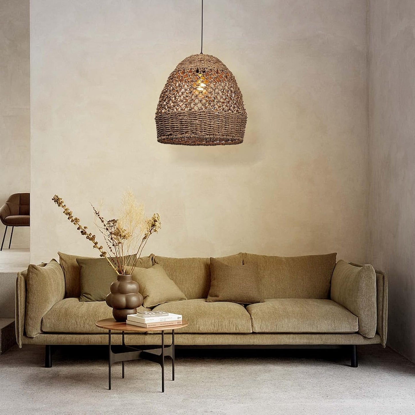 Arturesthome Woven Pendant Light, Modern Boho Hanging Lamp with Handwoven Rattan Shade, Farmhouse Coastal Pendant Light Fixtures for Kitchen Island, Dining Room, Bar, Foyer Hallway D 13.7in