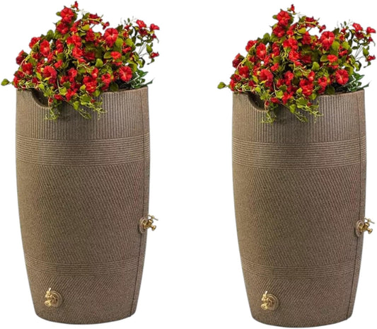 Impressions Havana Rain Barrel and Planter Top, 50 Gallon Capacity, Khaki Granite (2 Pack)