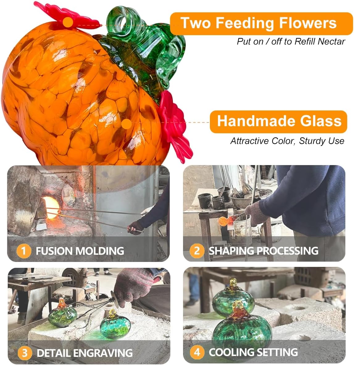 Small Glass Hummingbird Feeders for Outdoors Hanging - Hand Blown Glass Pumpkin Nectar Feeding, Orange Yellow with 2 Flowers Feeding Ports, Decor for Garden/Backyard Outside