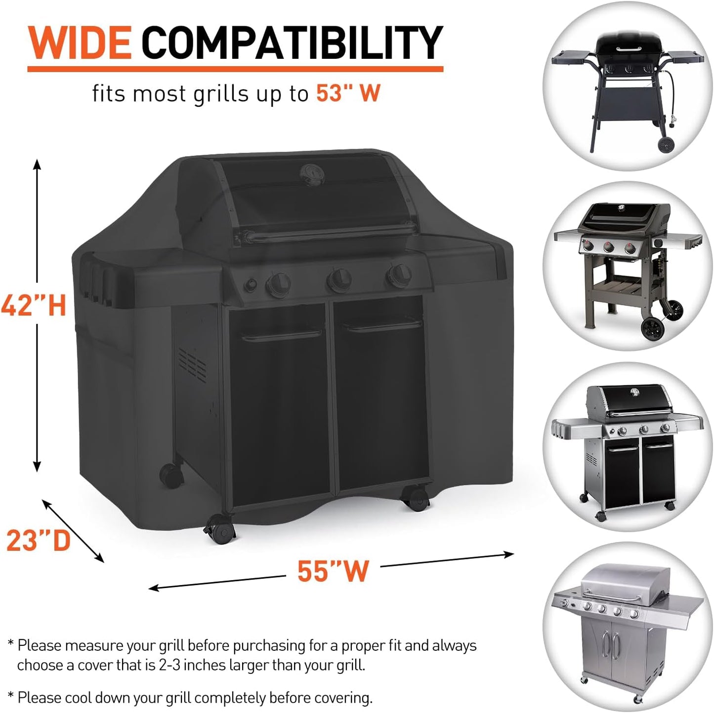 55 Inch Grill Cover for Outdoor Grill, Waterproof Fade Resistant BBQ Grill Cover, Weather Resistant Gas Grill Cover, Fits Weber, Charbroil, Nexgrill and More Grills, Black