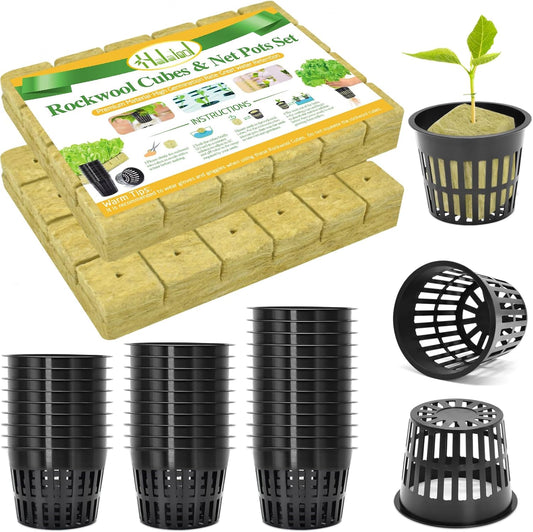 Halatool 48 x 2-Inch Rockwool Cubes & 48 x 3-Inch Net Cups - Hydroponics Starter Kit for Plants Cloning, Seed Starting, and Patio Gardening - Durable, Effective, Great Gift Option