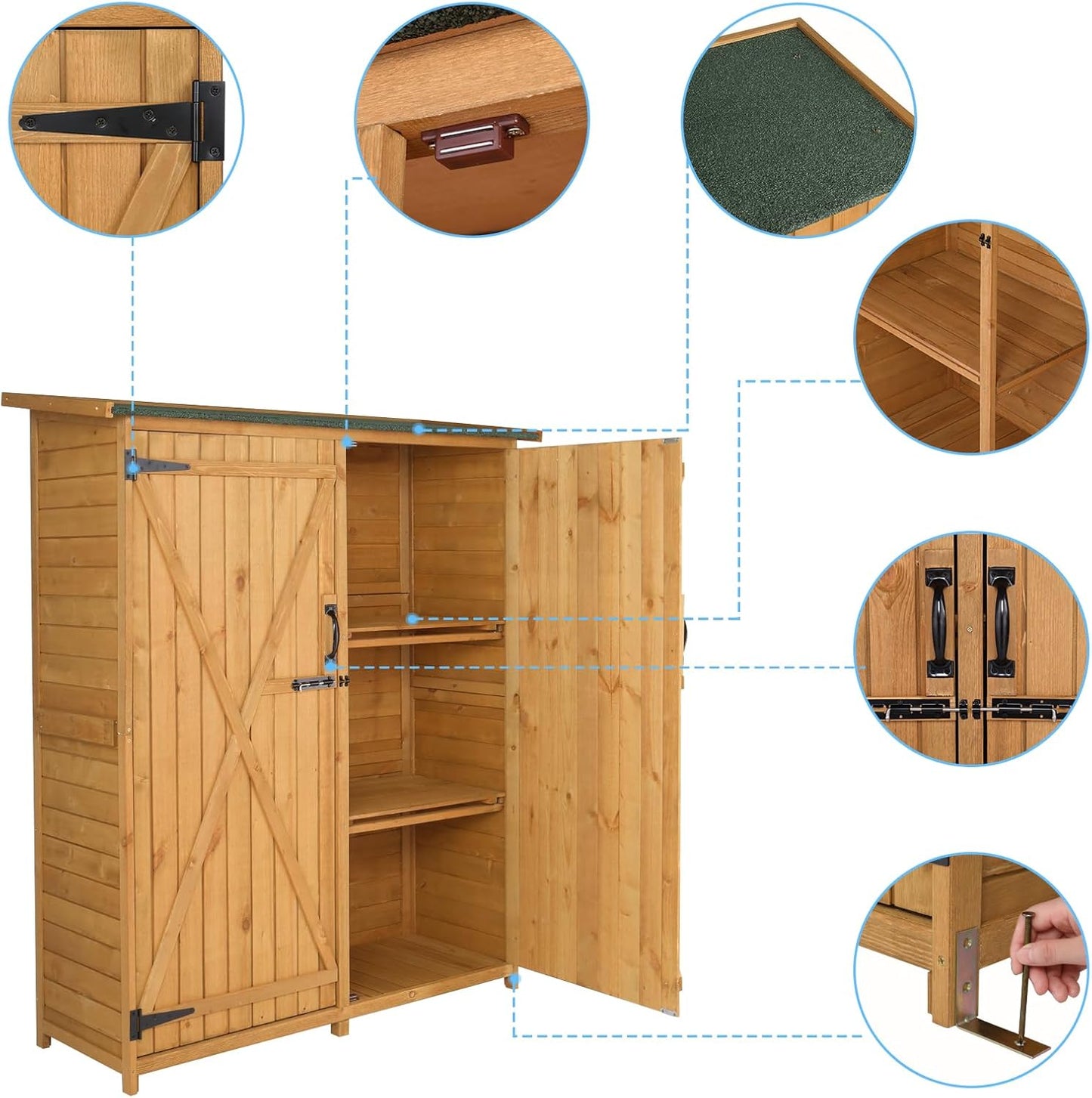 Outvita Outdoor Storage Cabinet with Waterproof Roof, Double Lockable Doors Garden Shed with 2 Removable Shelves, Wooden Storage Shed with Large Storage Space for Yard Garge Patio Deck Porch（Natural）