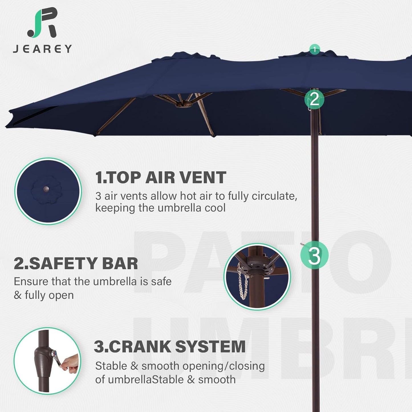 JEAREY 15FT Patio Umbrella Large Outdoor Umbrella Extra Double-Sided Market Umbrella with Crank Handle for Garden, Deck, Backyard and Pool, Navy