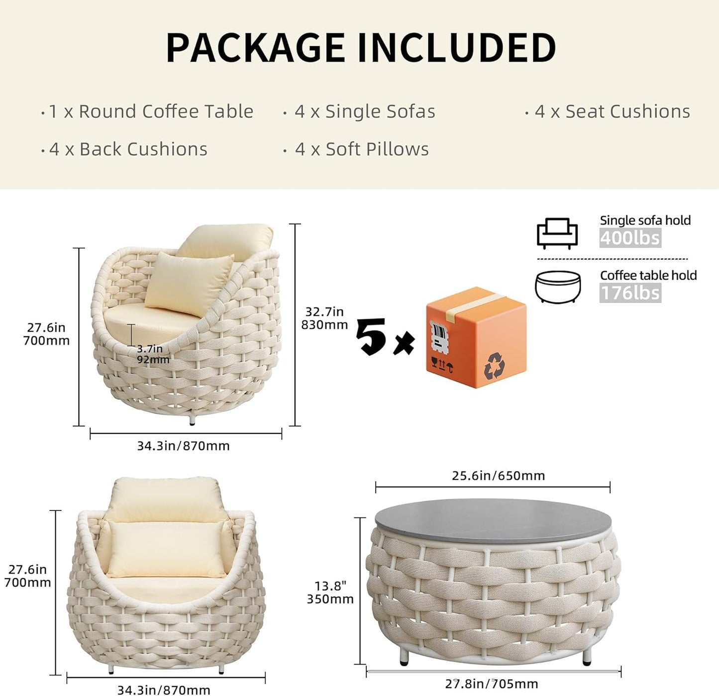 TWT 5-Piece Aluminum Patio Furniture Set, Olefin Armchairs with Coffee Table, Metal Sofa Set for Deck, Porch, Balcony, Indoor, Cream