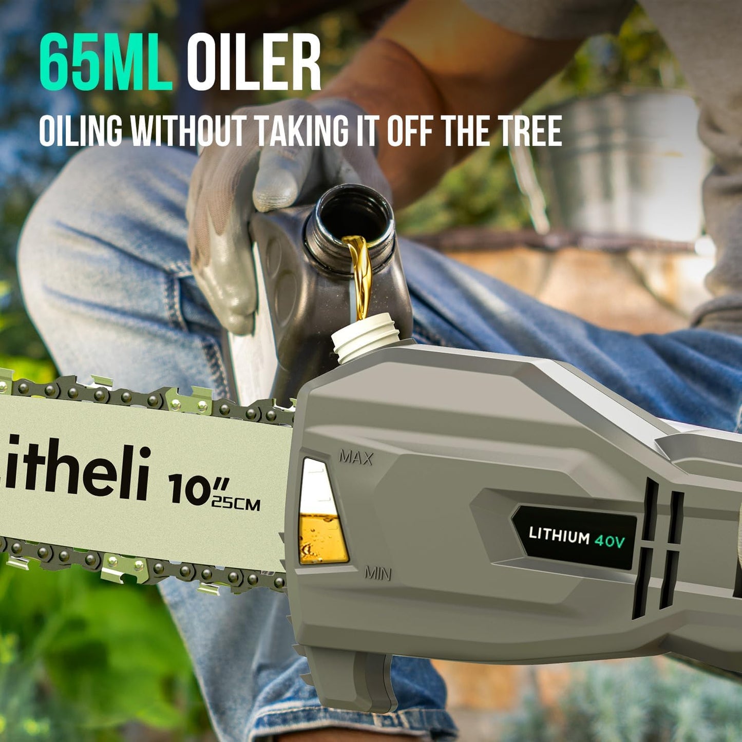 Litheli Cordless Pole Saw, 40V 2.5Ah Battery Pole Saws for Tree Trimming, 10-Inch Pole Saw Battery Powered 16ft/s Cutting Speed Auto Oiling Multi-Angle Electric Pole Chainsaw(Battery&Charger Included)