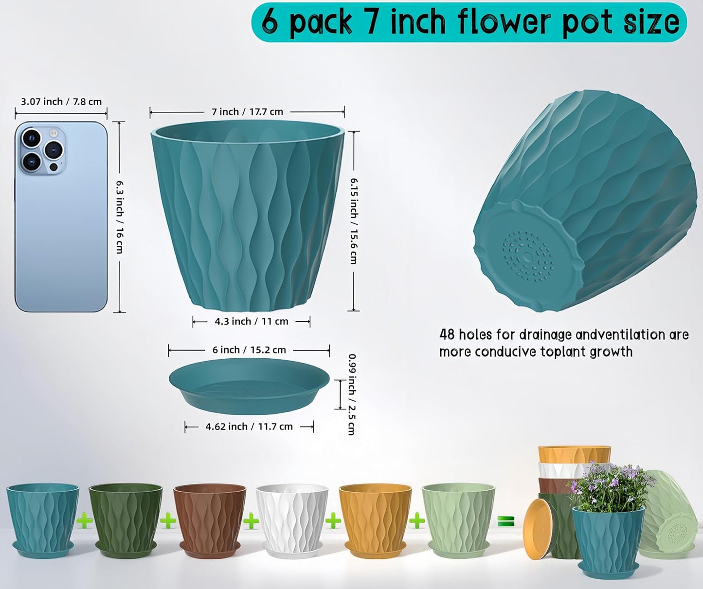 6 Pack 7 Inch Plant Pots with Drainage and Saucers, Multicolour Plastic Flower Pots for Indoor and Outdoor Plants, Stackable Nursery Planters for Houseplants and Herbs, Multicolour