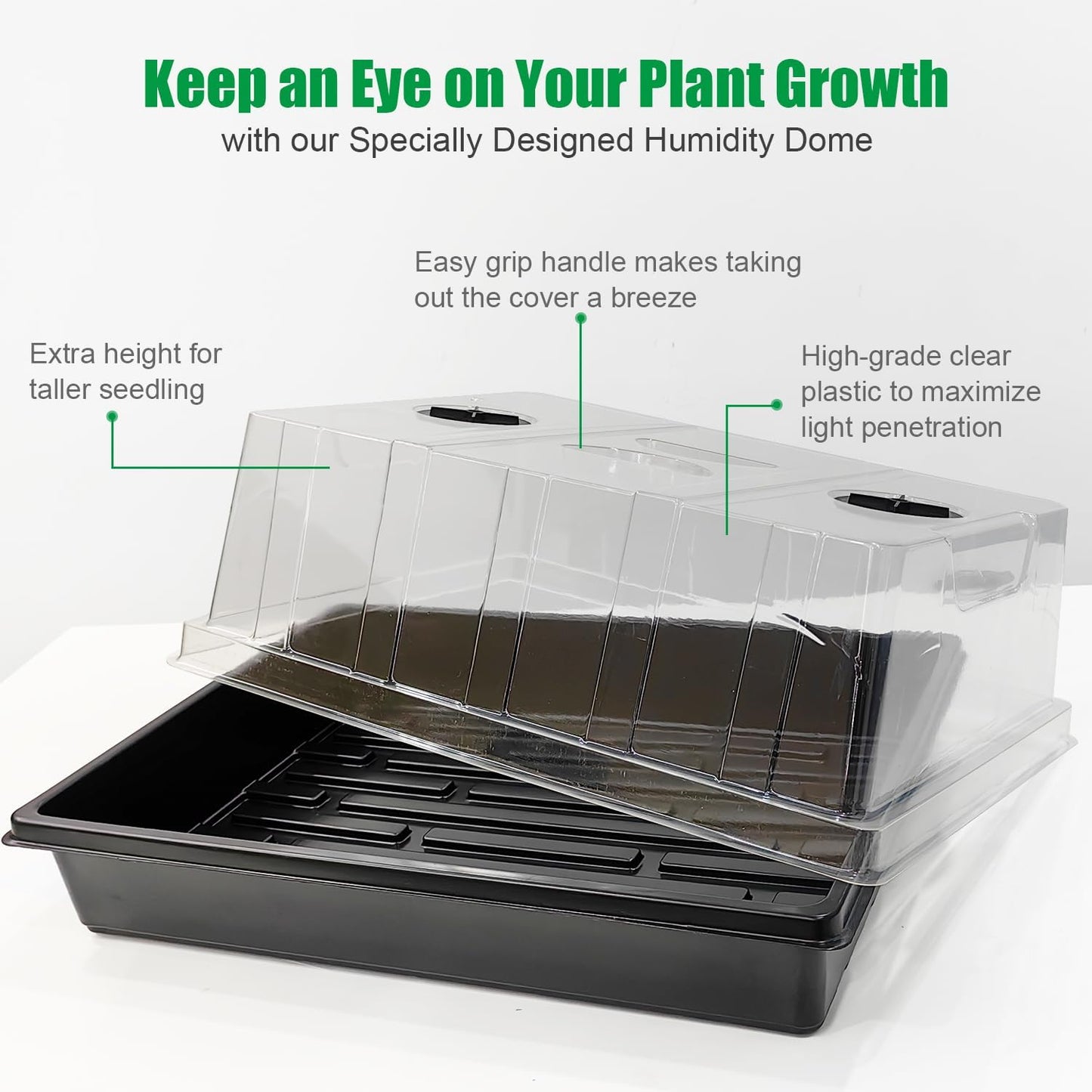 12-Pack Seed Starter Trays with 5'' Tall Humidity Domes – Thick Plastic, Reusable Seedling Tray with Clear Lids for Strong Plant Germination, Ideal Microgreen Growing Trays for Faster Seed Propagation