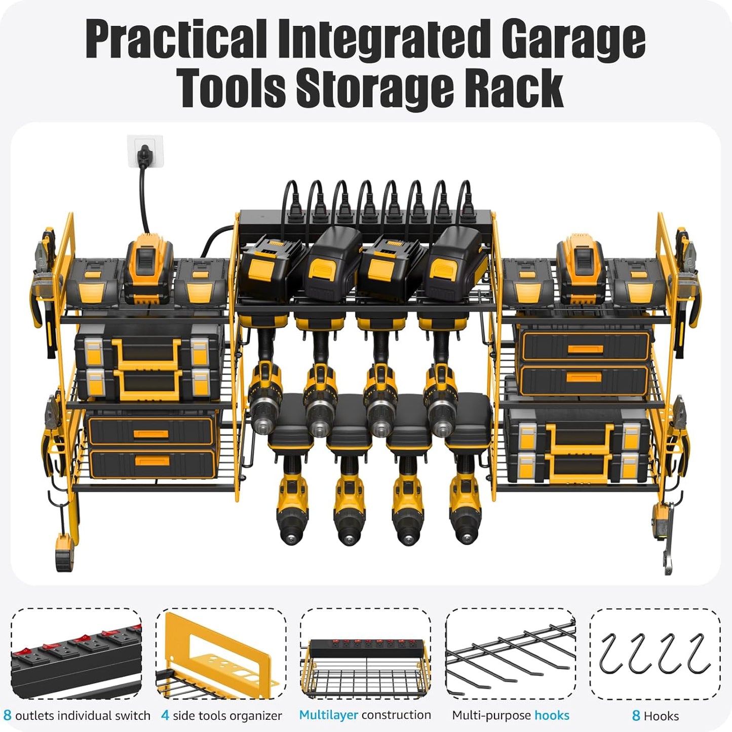 CCCEI Yellow Power Tool Organizer Wall Mount, Large Tools and Battery Storage Rack Charging Station Individual Switches. Drills Holder, Garage Utility Shelves with 6FT Power Strip. Gift for Men.