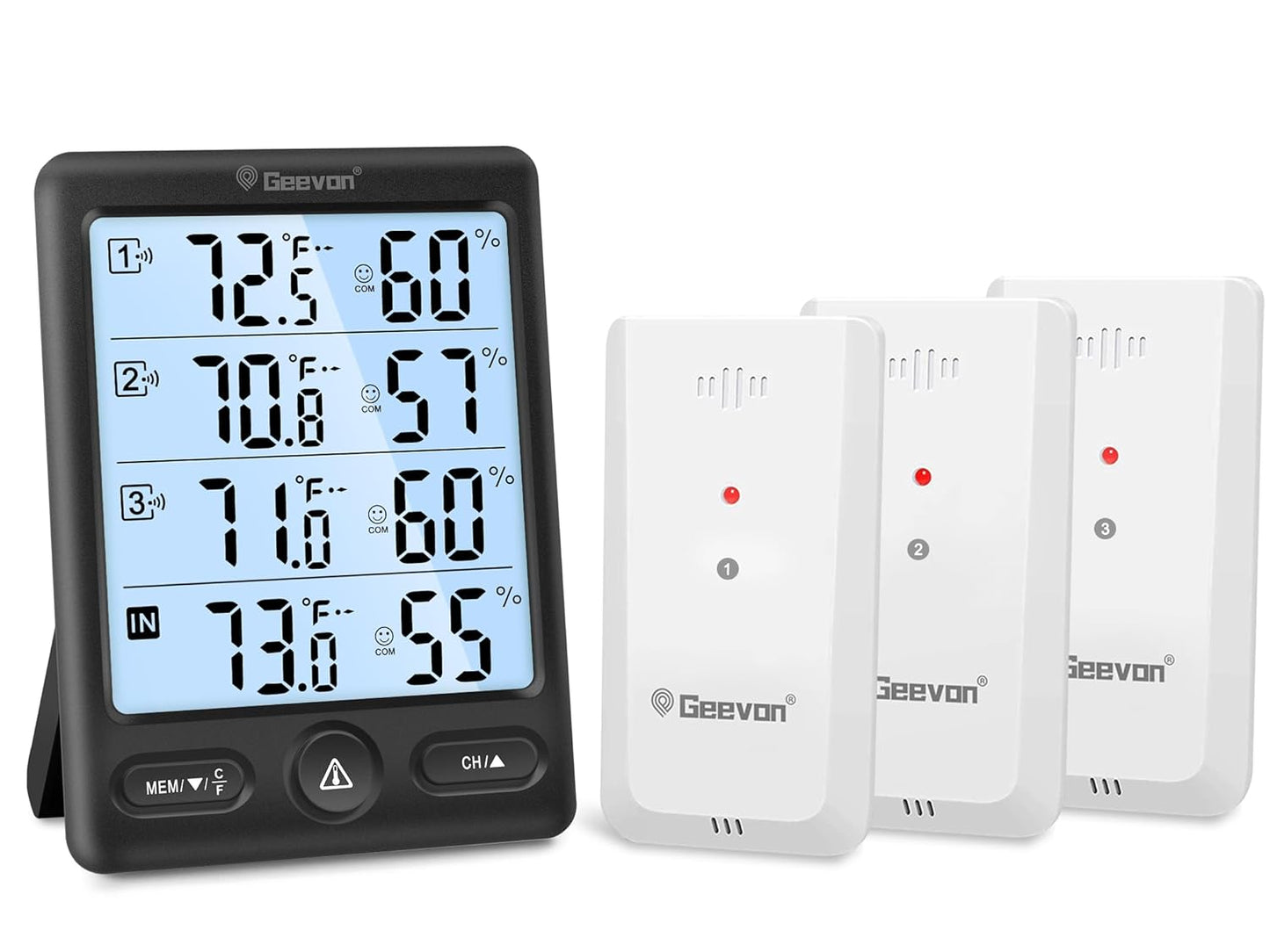 Geevon Indoor Outdoor Thermometer Wireless 3 Remote Sensors, 5-Inch Display Digital Hygrometer Thermometer Temperature Humidity Monitor with 8S Backlight, Battery-Powered (Black)