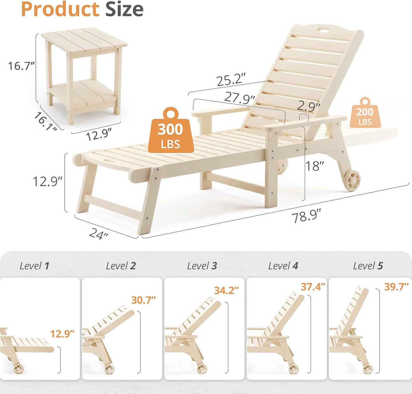 LUE BONA Chaise Lounge Chairs Set with Table, 6-Piece, 79'' Oversized HDPS Chaise Lounger, 5 Positions Adjustable Patio Lounge Chairs, Pool Lounge Chair with Wheels for Poolside, 3-Year Warranty, Sand