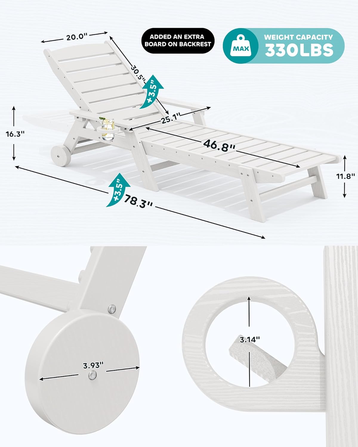 SERWALL Patio Chaise Lounge Chair, 78'' Long HDPE 5 Positions Adjustable Outdoor Lounger, Poly Lounge Chair with Rolling Wheels & Cup Holder for Pool, Light White