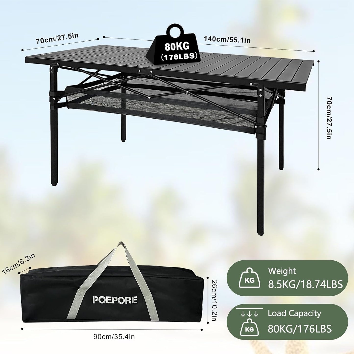 Large Folding Camping Table Aluminum with Storage for 4-6 People 55"X27.5" Roll Up Tall Outdoor Portable Table Lightweight with Carry Bag for Picnic BBQ Backyard Beach