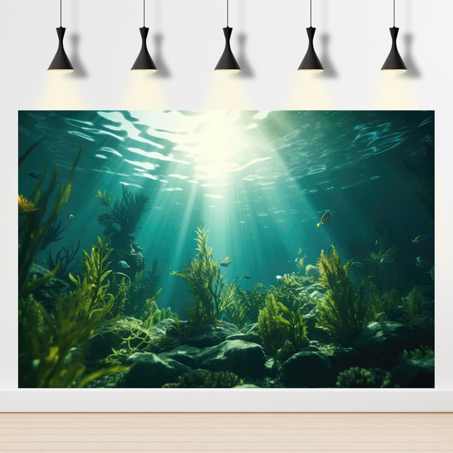 Ocean Aquarium Background Aquatic Plants with Rocks Terrarium Backdrop Sunlight Rays Deep Sea Fish Tank Background Aquarium Wallpaper Poster Decor Vinyl 30x18in