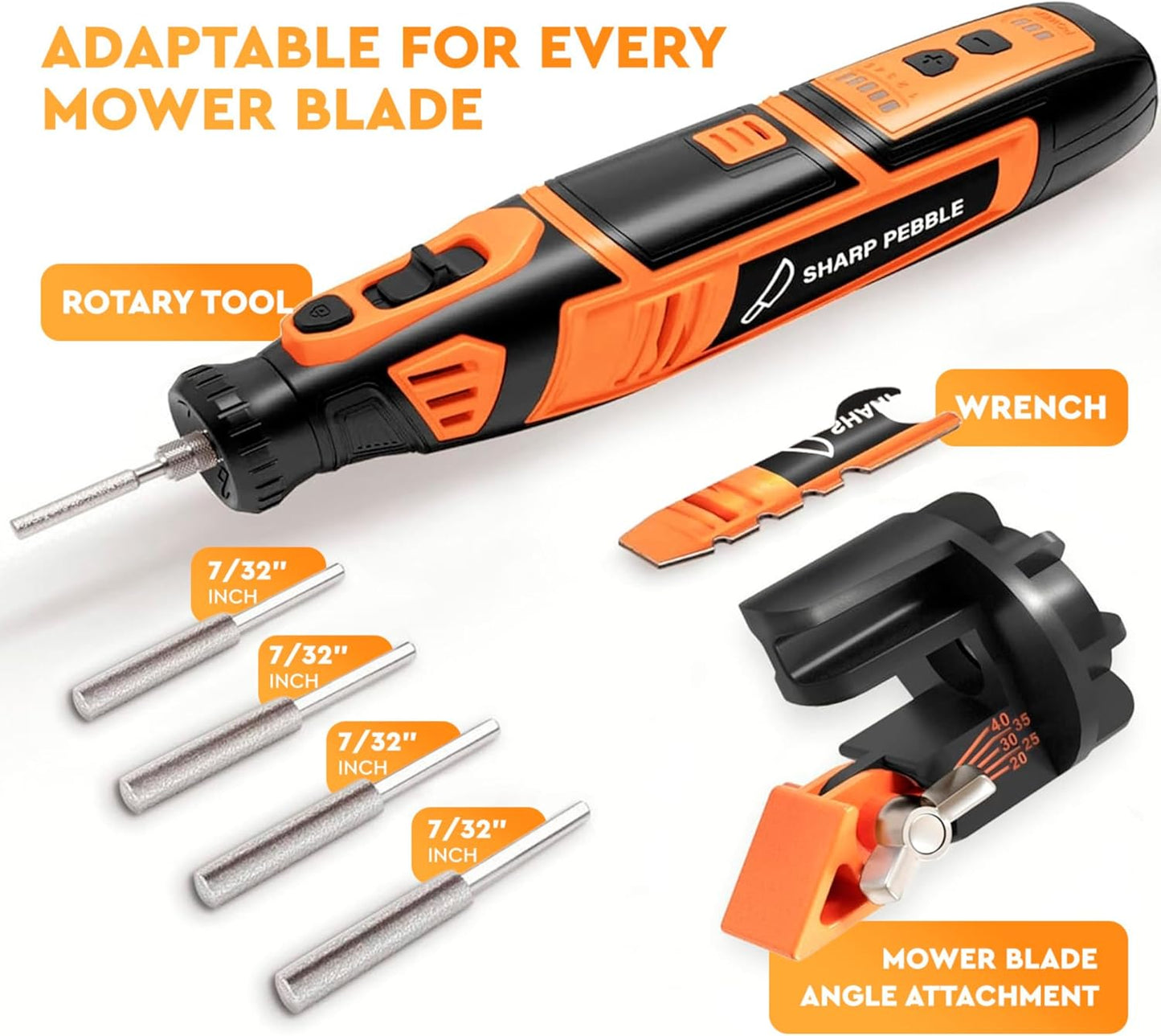 Sharp Pebble Cordless Lawn Mower Blade Sharpener – Adjustable 20°- 40° Angle Guide-Rotary Tool with Replaceable Sharpening Wheel Bits & Fast Rechargeable Battery – Effortless Precision for Lawn Care