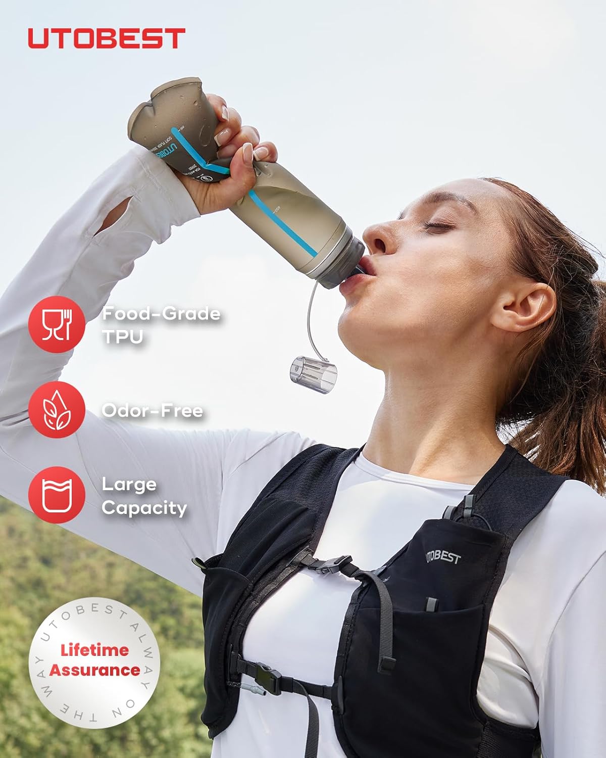 UTOBEST 500ml Soft Flask, 2 Pack Flexible TPU Hydration Water Bottle, Collapsible with 42mm Caliber for Running, Hiking, Cycling, Climbing, and Marathon Blue