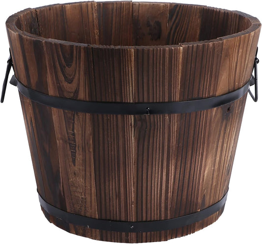 Vaguelly Rustic Wooden Barrels Planters Whiskey Barrels Bucket with Handle, Flower Planter Plant Pots Container Water Wishing Well Pail Garden Backyard Outdoor Indoor Decor