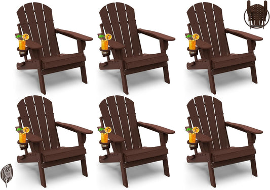 GREENVINES Folding-Adirondack-Chairs-Set-of-6 | Wood Grain | HDPE Plastic | Fire Pit Chair | All Weather | Cup Holder | Dark Brown | for Deck Backyard Patio Outdoor