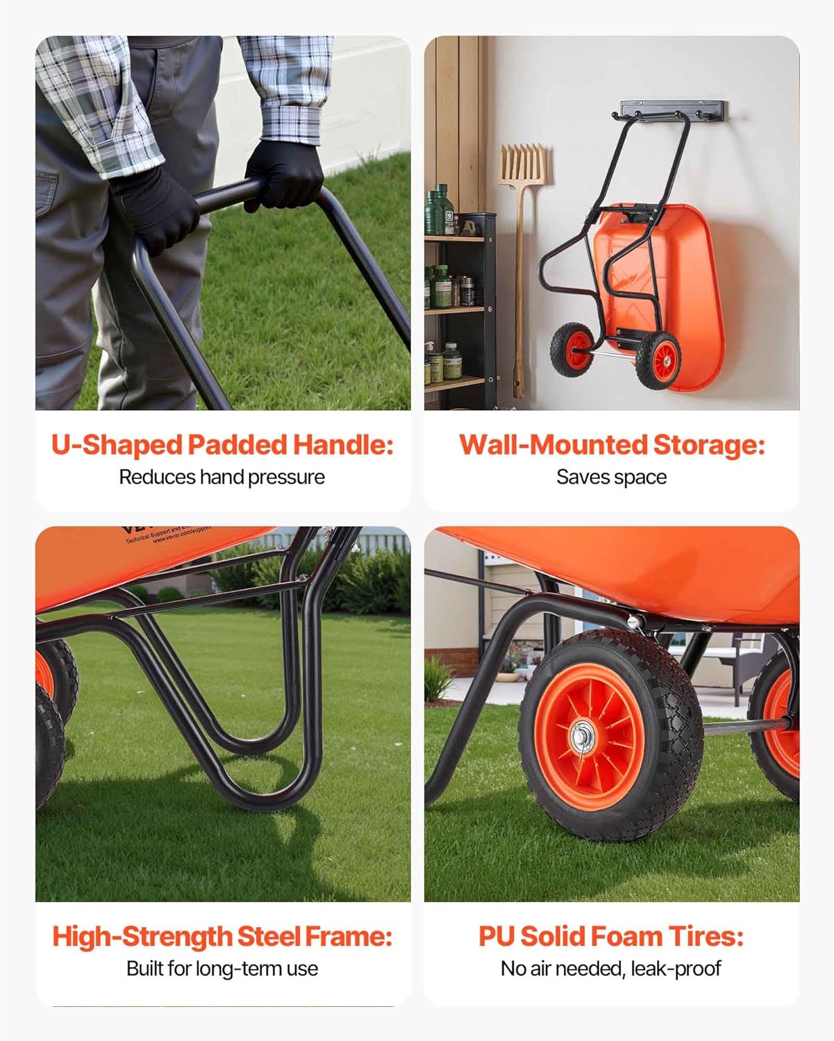 VEVOR Wheelbarrow Cart, 5 Cu. Ft. Load & 397 lbs Capacity, 2 Wheels Garden Dump Cart, Garden Wagon with Handle & 10" Wide Track Wheels, Easy Loading Utility Yard Cart & Wagons for Outdoor Lawn Yard