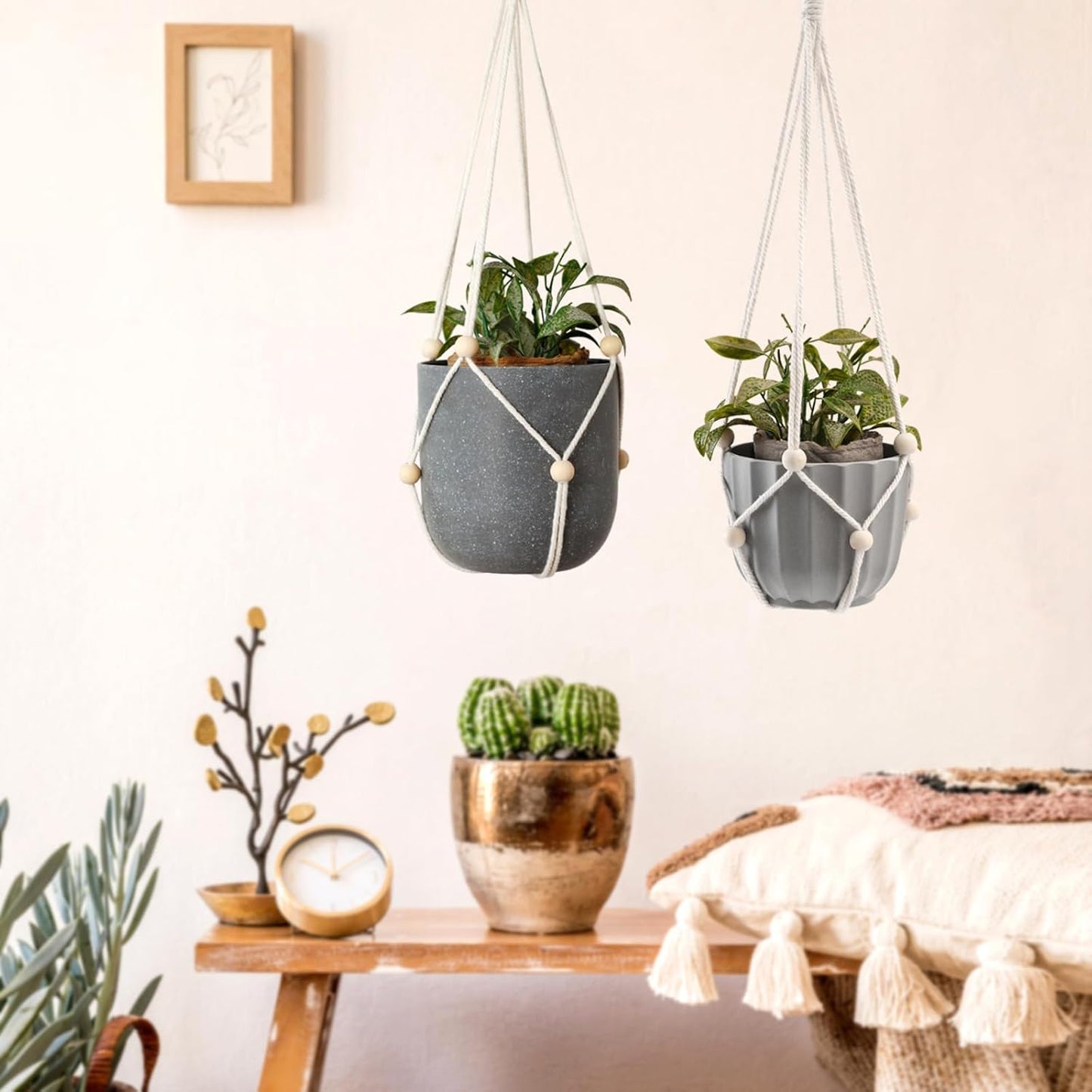 Artilady Hanging Planter for Indoor Plants Macrame Plant Hanger Large Hanging Plant Holder with Adjustable Beads Plants Basket White Rope Boho Plant Wall Decor
