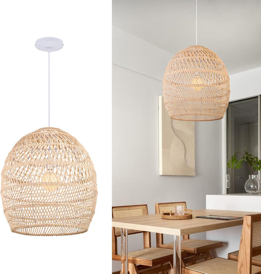 Arturesthome Boho Wicker Chandelier,W 15.7"*H 18" Rustic Rattan Basket Pendant Light Fixture Coastal,Farmhouse Hanging Lighting for Dining Table Kitchen Island Bedroom