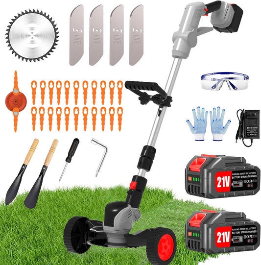 Electric Weed Wacker Eater Cordless Battery Powered, Weed Trimmer 4.0Ah Lightweight No-String with 2 Battery Operated & Wheels, 3 in 1 Stringless Grass Trimmer/Edger/Brush Cutter for Garden Yard Lawn