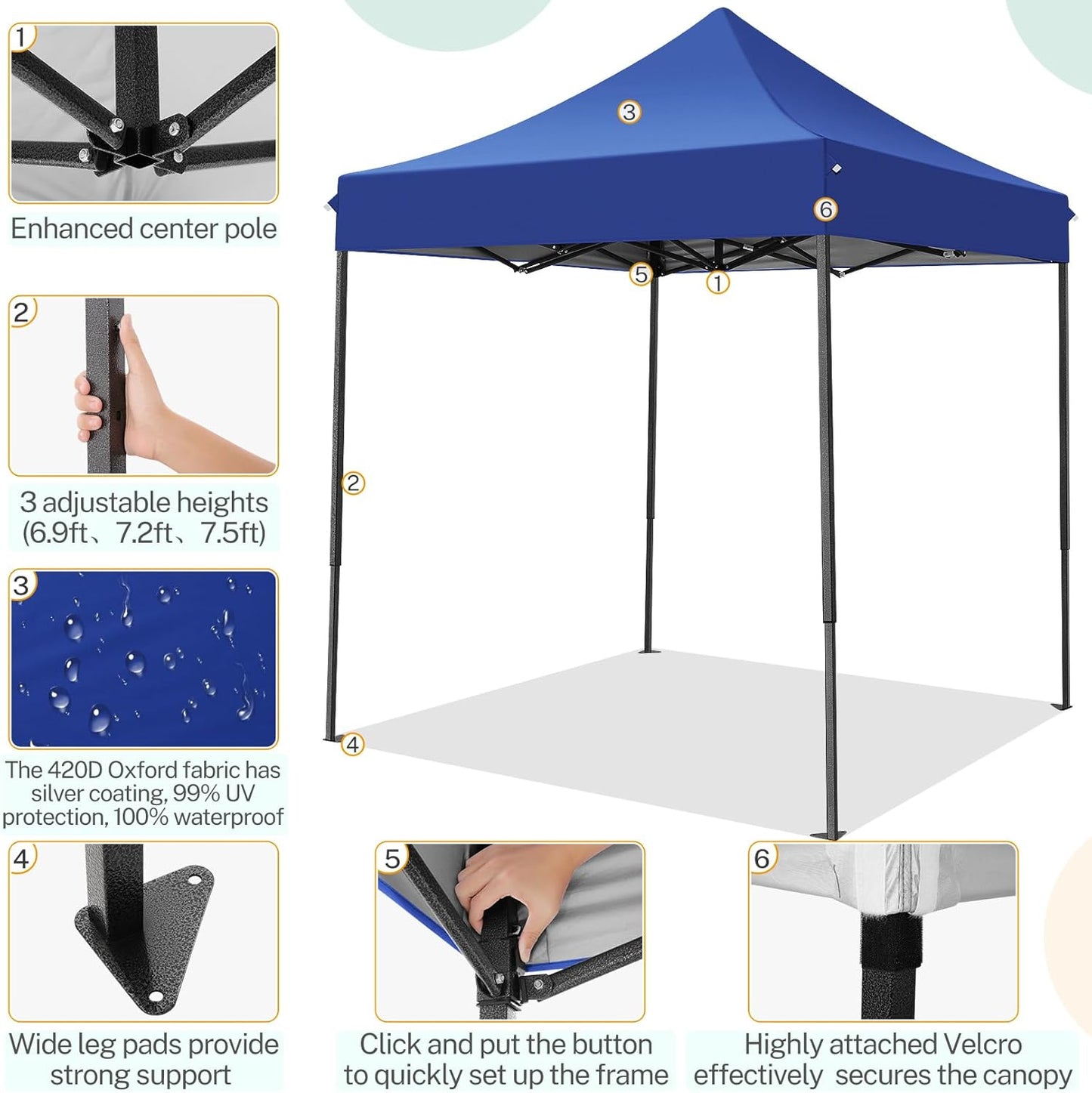 COBIZI 6.6x6.6 Pop up Canopy Tent Heavy Duty Without Sidewalls, Easy Set-up Commercial Outdoor Party Tent, 100% Waterproof Wedding TGazebo, 3 Height Adjustable with Carry Bag, Dark Blue