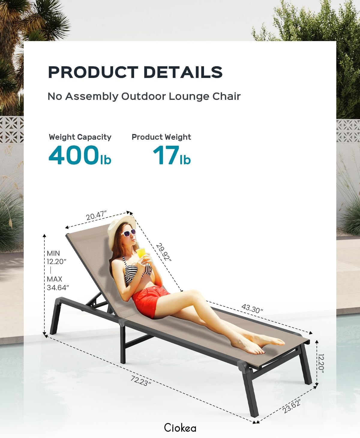 Aluminum Chaise Lounge Ourdoor - Foldable & Assemble Free Outdoor Lounge Chair with 5 Adjustable Backrest, Patio Lounge Chair for Outside Poolside Beach Pool, Khaki