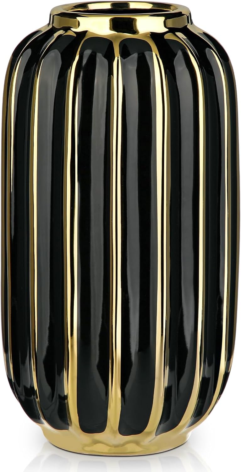 Briful Gold Plated Lantern Ceramic Vase Home Decor Creative Design Porcelain Decorative Flower Vase 11.02'' Black Ceramic Vases for Wedding Anniversary Decoration