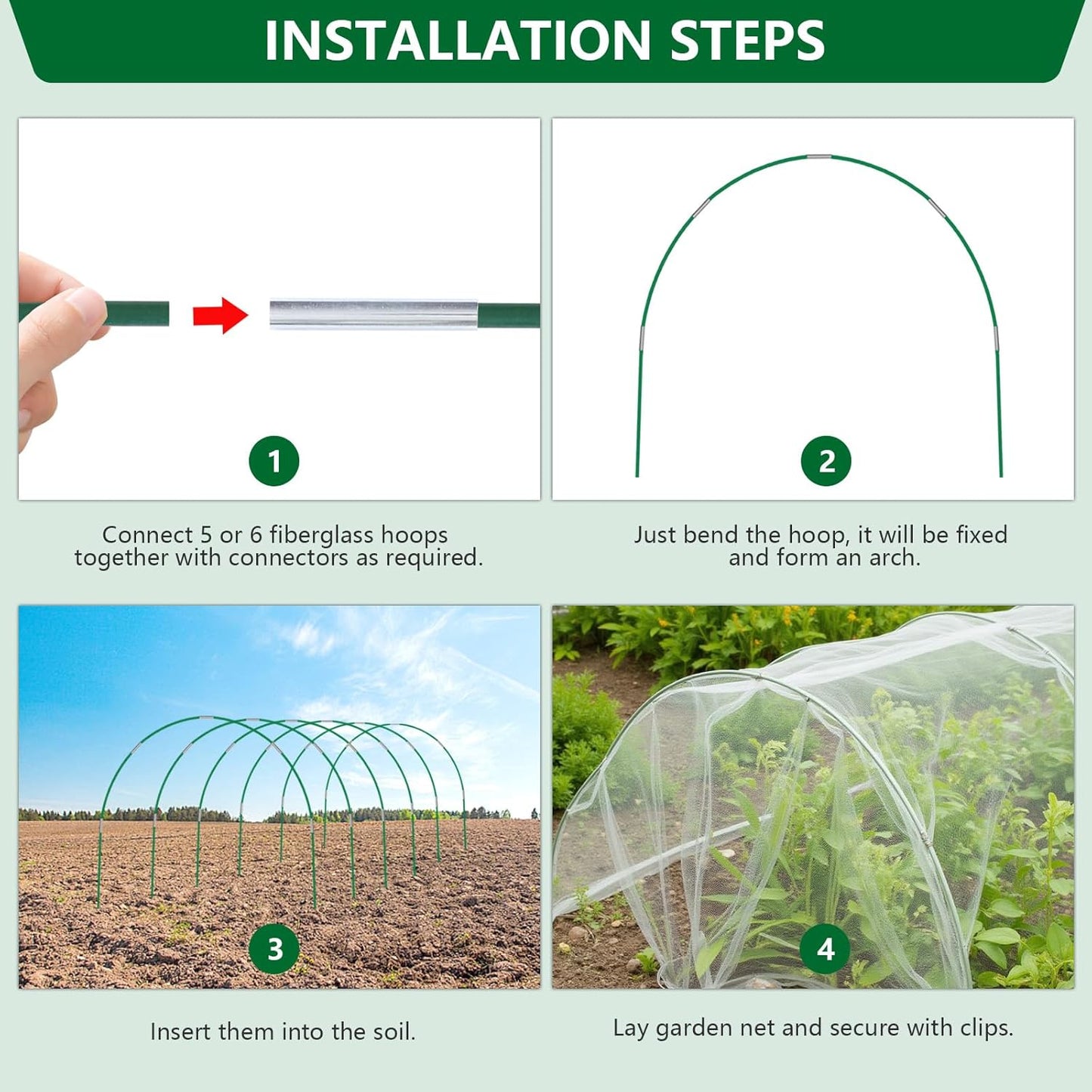 Garden Netting Kit for Raised Beds, 10x30FT Ultra Fine Mesh Netting＆ 6 Sets of 8FT Fiberglass Garden Hoops, Bird Barrier Protection Net Vegetable Plant Cover Fruit Flowers Row Cover