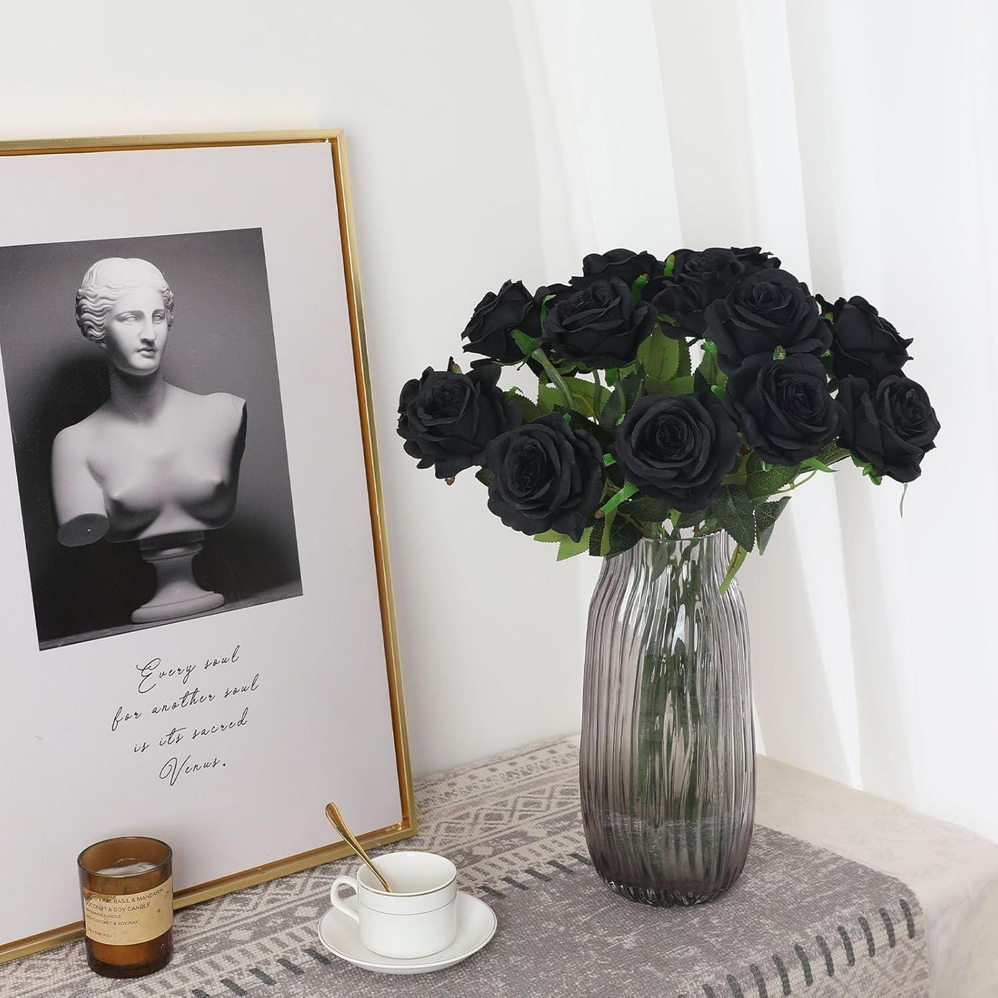 Black Fake Roses Artificial Flowers - 10 Pcs Fake Artificial Roses Silk Flowers with Stems for Home Wedding Hotel Office Centerpiece Decor