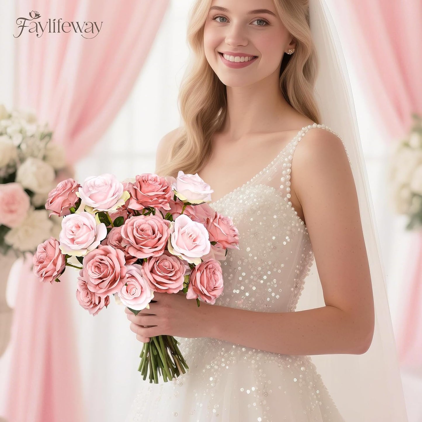 20PCS Artificial Dusty Pink Roses, 3.9'' Silk Flower Head Fake Dusty Pink Rose with Long Stems, Realistic Faux Roses Bouquet for Mother's Day DIY Wedding Home Party Office Decoration