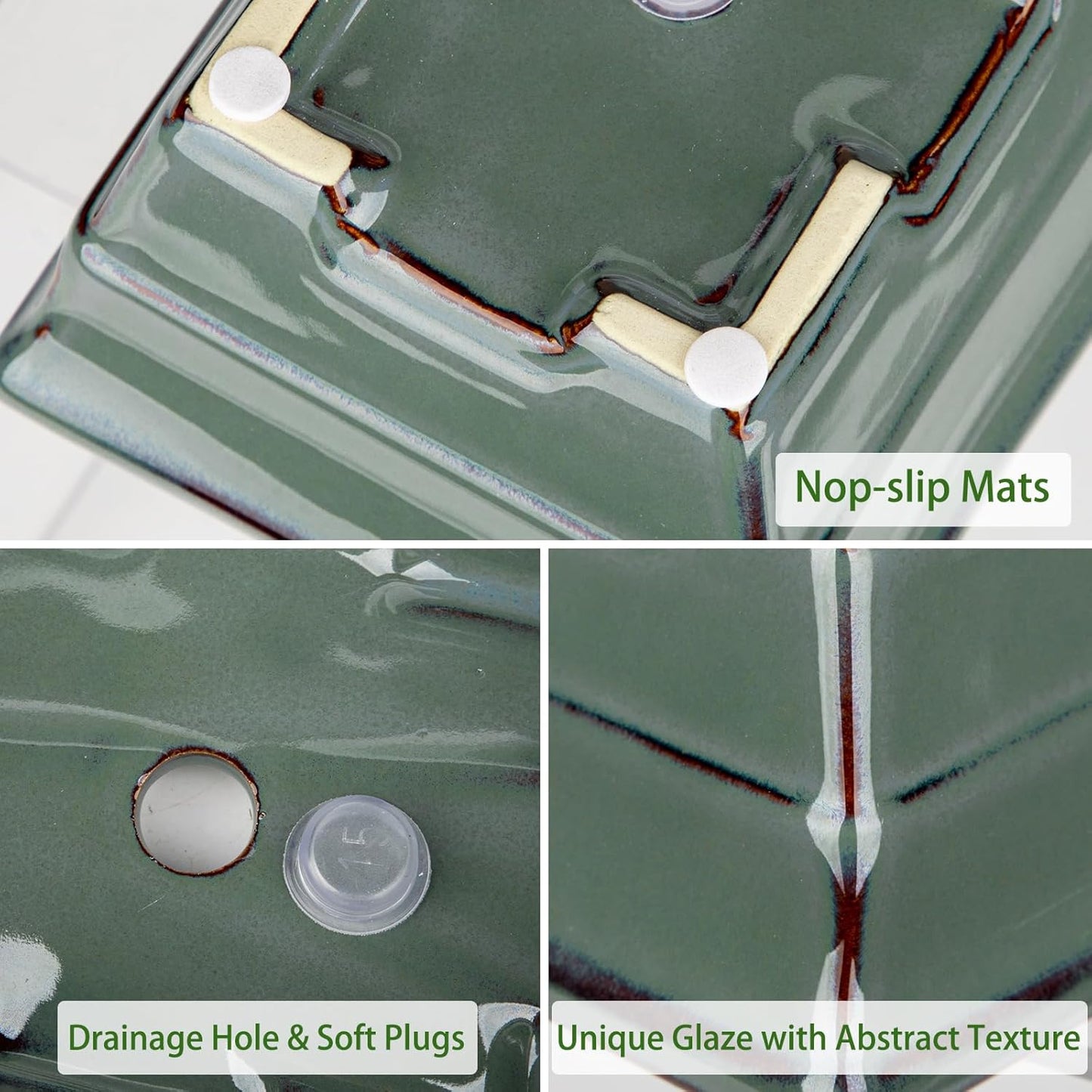 Ceramic Bonsai Pots with Drainage Trays Set of 2, Green Glazed Bonsai Planters for Indoor/Outdoor Use, Rectangular Shallow Bonzai Tree Pot for Succulent, Orchids, Cacti, Home, Patio, Garden, 7.5"x5.5"