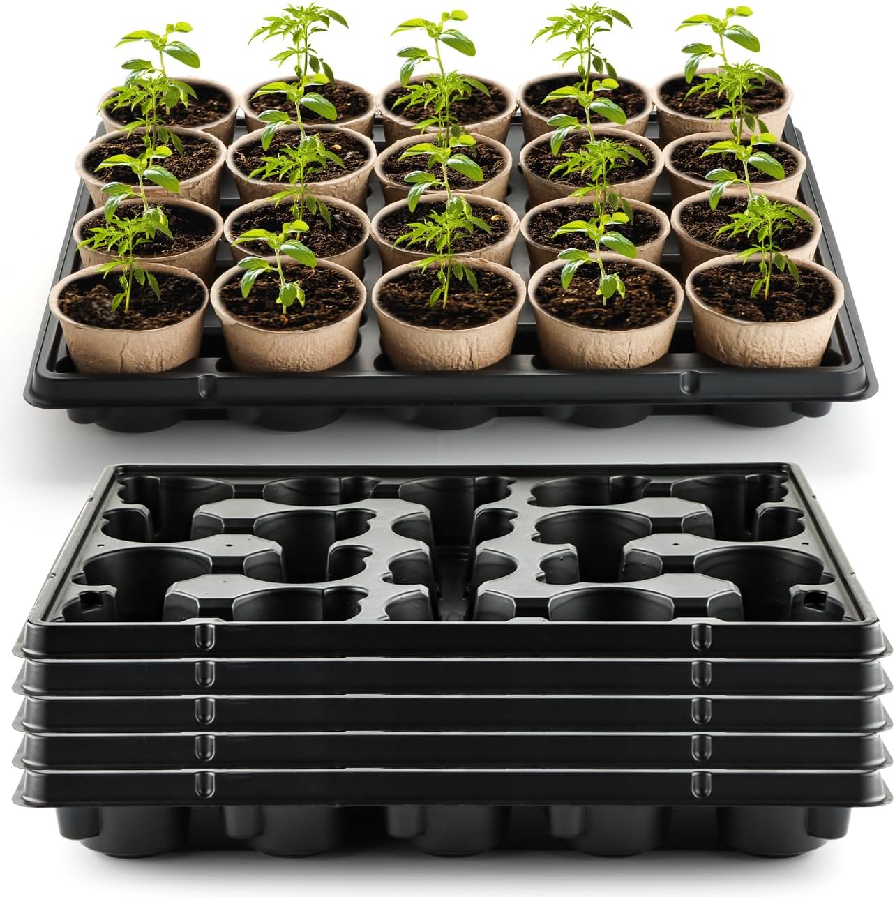20 Cell Plant Trays for Carrying 3 inch Round Nursery Pots, Sturdy Plastic Trays Suitable for Holding 100 pcs Peat Pots (5 Packs)