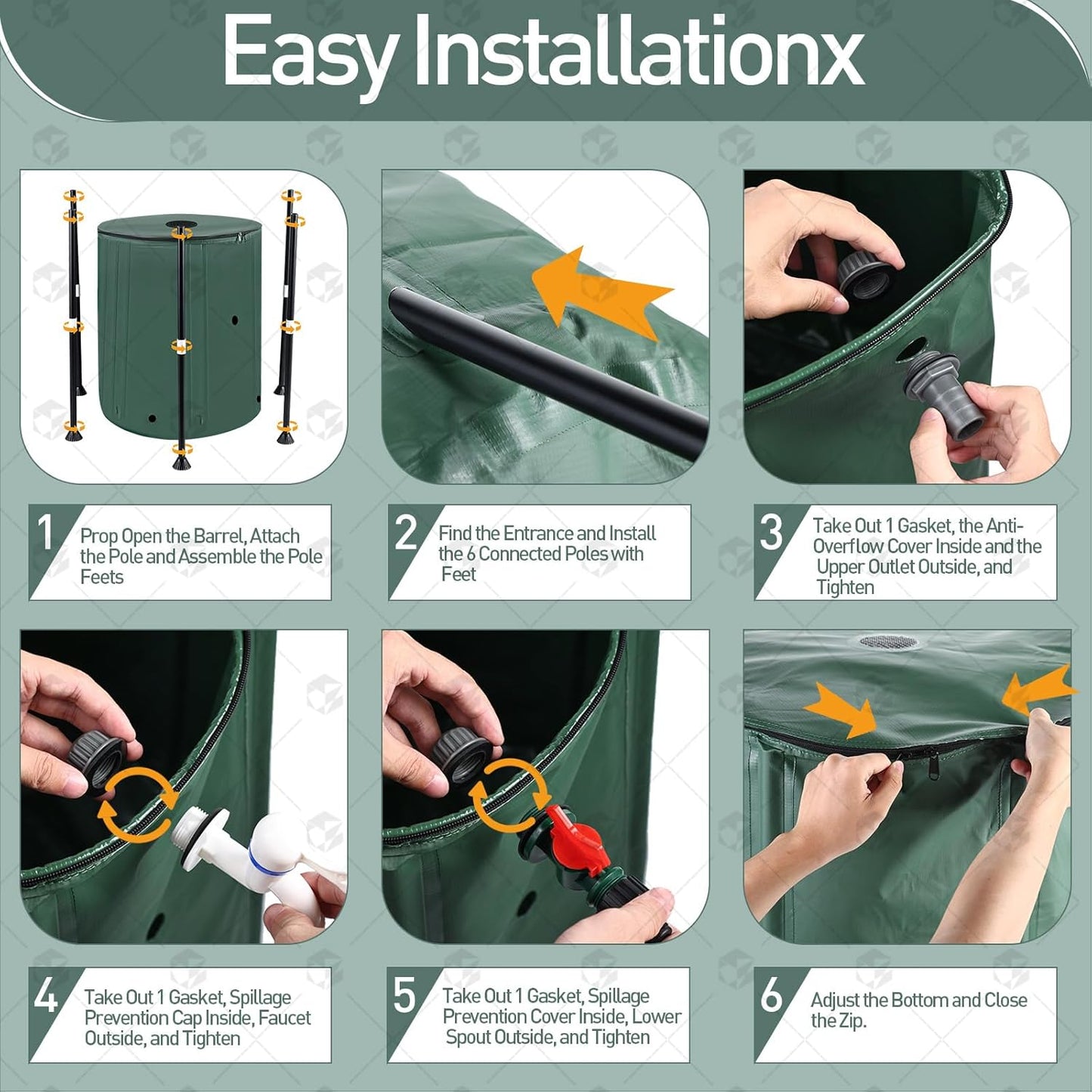 2Pcs 53 Gallon Collapsible Rain Barrel Kit with 12 Half Poles, 200L Protable Rain Water Collection Barrel with Zipper, 1000D Oxford Rain Catcher Barrel System Garden with 1 Spigot and 2 Overflow