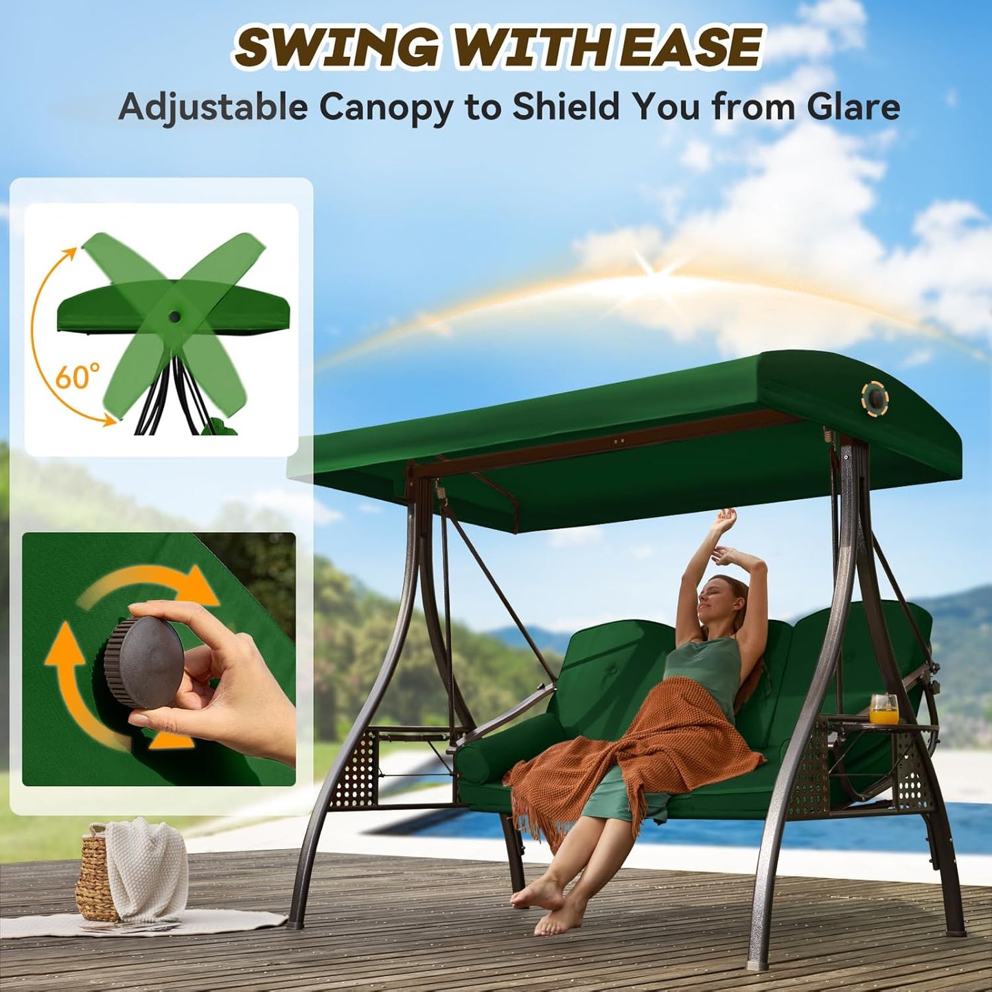3 in 1 Outdoor Porch Swing with Adjustable Canopy, 3 Seat Outdoor Swing for Adults, Patio Swing Chair with Thickened Cushions,Pillows & Cup Holders for Backyard, Porch, Garden (Green)