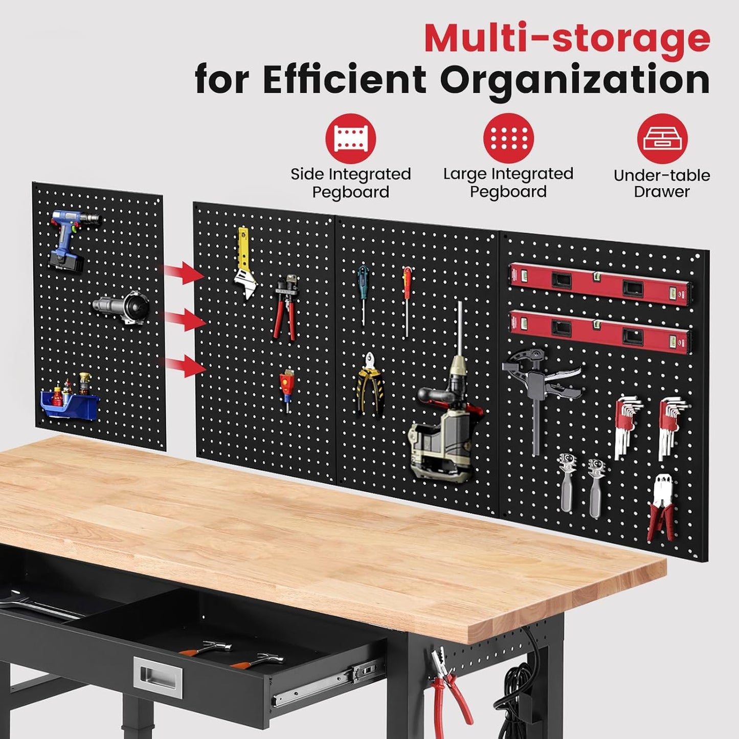 Work Bench for Garage with Drawers 60 x 22 Inch Heavy Duty Rubberwood Tabletop Work Table with Pegboard, Power Outlets Adjustable Workbench for Woodworking Shop, Home, Office, Electronic